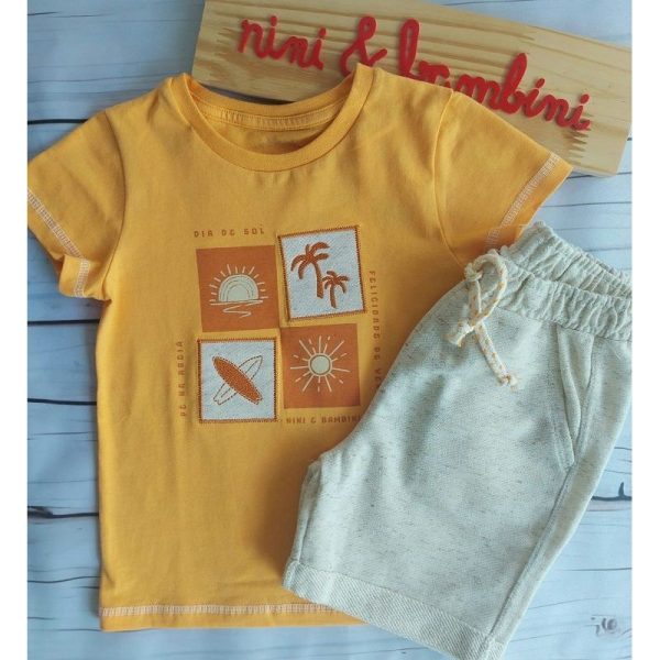 CONJUNTO CAMISETA MANGA CURTA EM MALHACOM ESTAMPA E BORDADO E BERMUDA LINHO NINI & BAMBINI - Image 2